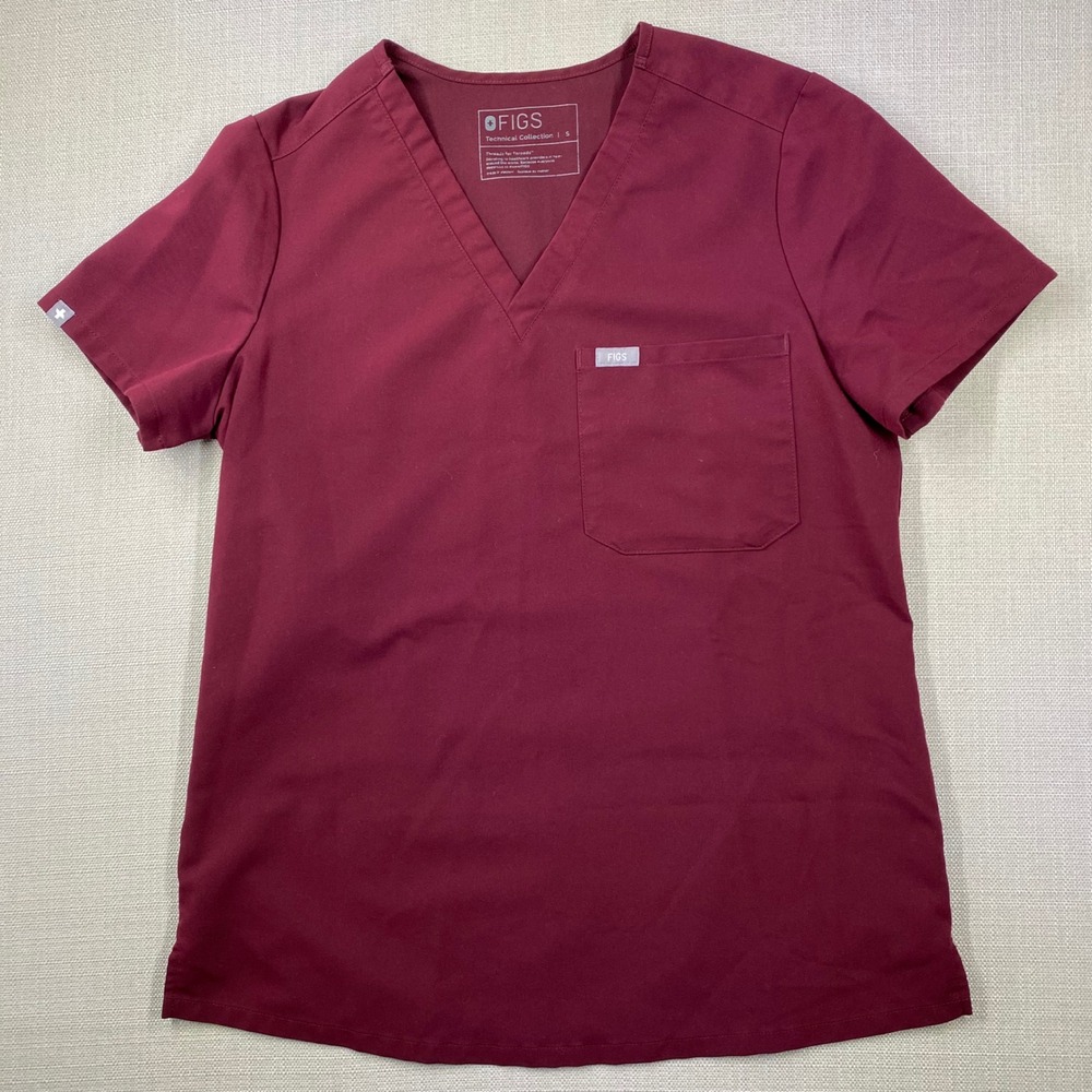 FIGS Technical Collection Women Burgundy V-Neck Scrub Top Maroon Size S